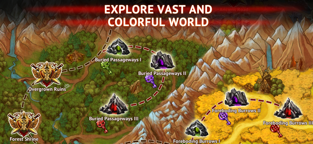 Pantalla de exploración del mapa del mundo de fantasía de RPG de acción de Guild of Heroes que muestra varias mazmorras y ubicaciones