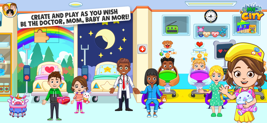 My City: Doctor Hospital - マイシティ ドクターホスピタルアプリのカラフルな病院の保育室で、医者と数人の子供キャラクターが登場。