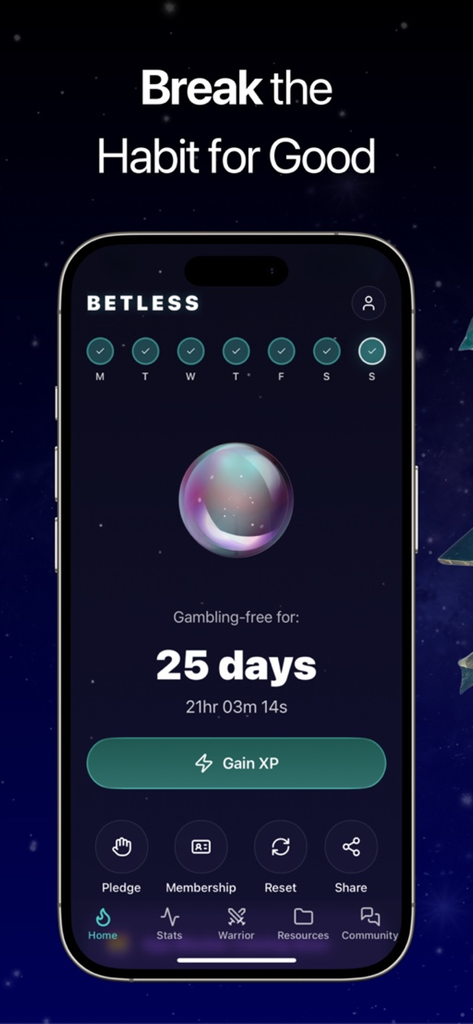 Betless: Quit Gambling - Betless app home screen showing twenty-five days gambling free counter and habit tracking progress