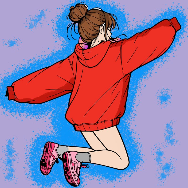realistic girl jumping with a bun and oversized sweatshirt