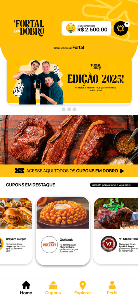 Interface do aplicativo móvel Fortal em Dobro mostrando cupons de restaurantes 2 por 1 e ofertas de comida