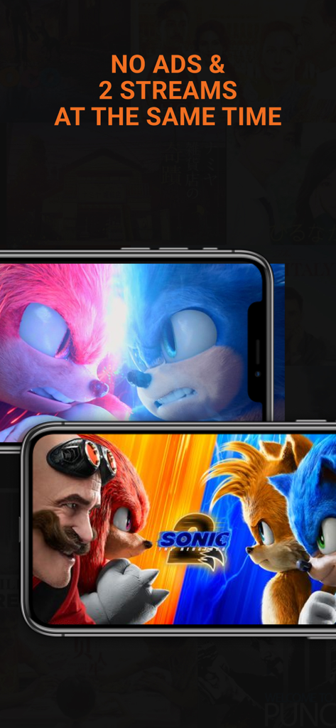 Interfaccia dell'app mobile CATCHPLAY+ che mostra l'assenza di pubblicità e la funzione di due streaming simultanei con Sonic the Hedgehog 2