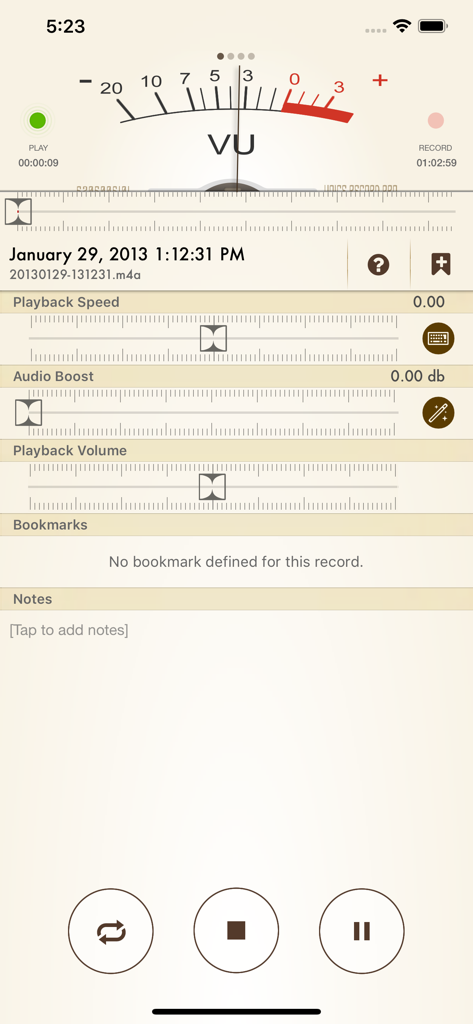 Voice Record Pro 7 playback interface with VU meter and audio settings