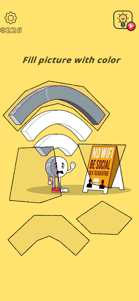 Brain Wash - Puzzle Mind Game - Brain Wash game screenshot showing a puzzle level where players fill a wifi symbol with color next to a sign about being social.