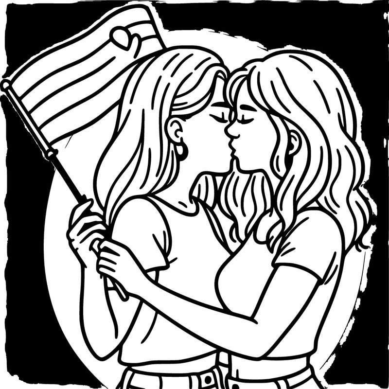 two women kissing while holding an lgbt flag