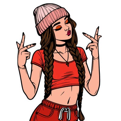 realistic teenage girl with braids and a beanie and crop top doing 🫶🏼
