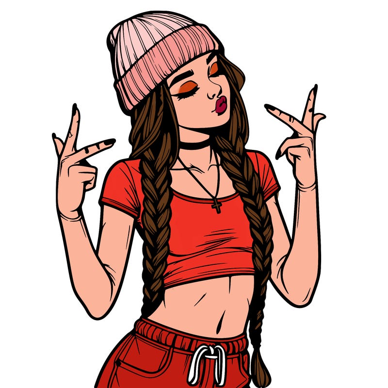 realistic teenage girl with braids and a beanie and crop top doing 🫶🏼