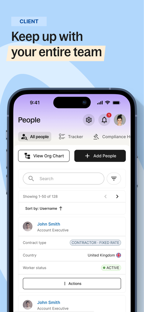 Deel: Global Payroll & HR - Mobile screen of the Deel app showing the people dashboard with global team member profiles and status