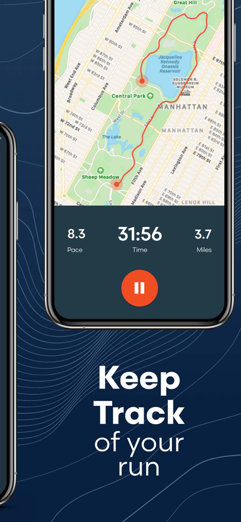 Uno smartphone che mostra una mappa GPS di tracciamento della corsa a Central Park con statistiche di ritmo e distanza