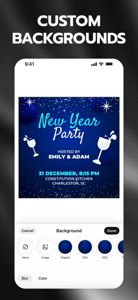 Invitation Maker + RSVP - Interface do aplicativo Invitation Maker mostrando opções de fundo personalizadas para um convite de festa de Ano Novo