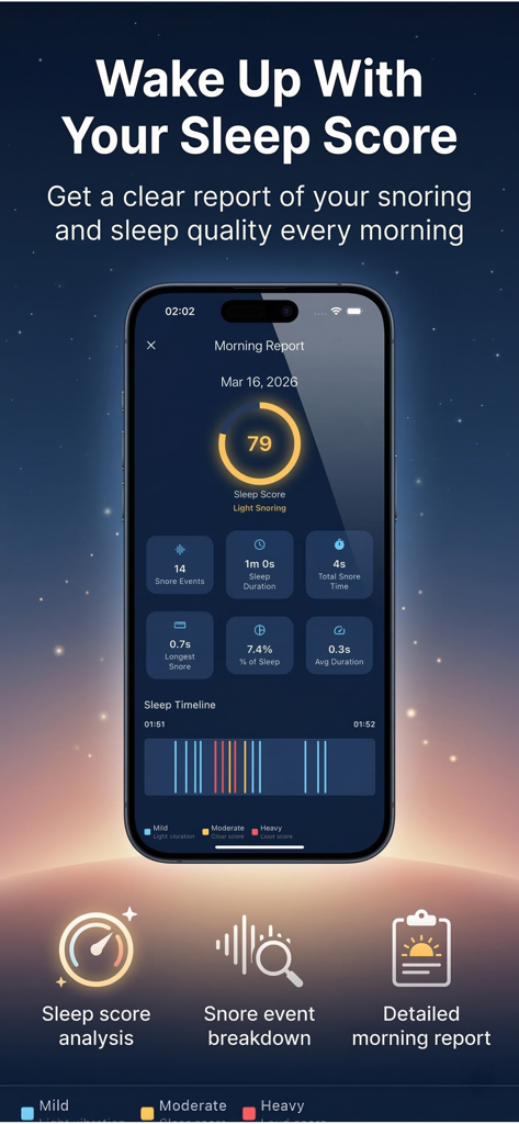 Snore Recorder,Sleep Tracker - SnoreDetect app morning report displaying a sleep score and detailed snore statistics