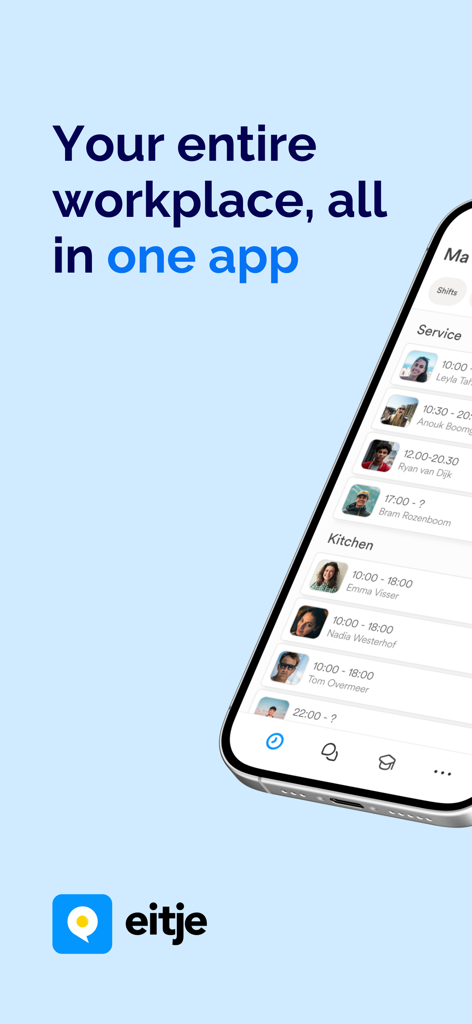 Eitje - Smartphone screen displaying the Eitje app showing employee shift schedules for kitchen and service teams