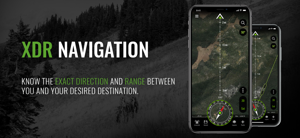 BaseMap app interface showing XDR navigation with satellite imagery and a compass for hunters