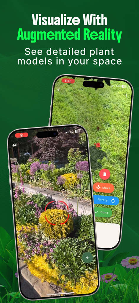 IPhone-Bildschirme mit der Landschaftsgestaltungs-App und Platzierung von Augmented-Reality-Pflanzen in einem Garten