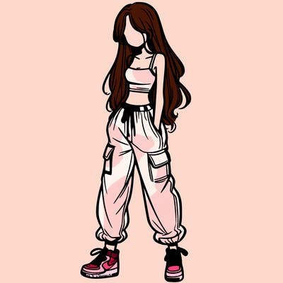girl in baggy pants crop top and long hair