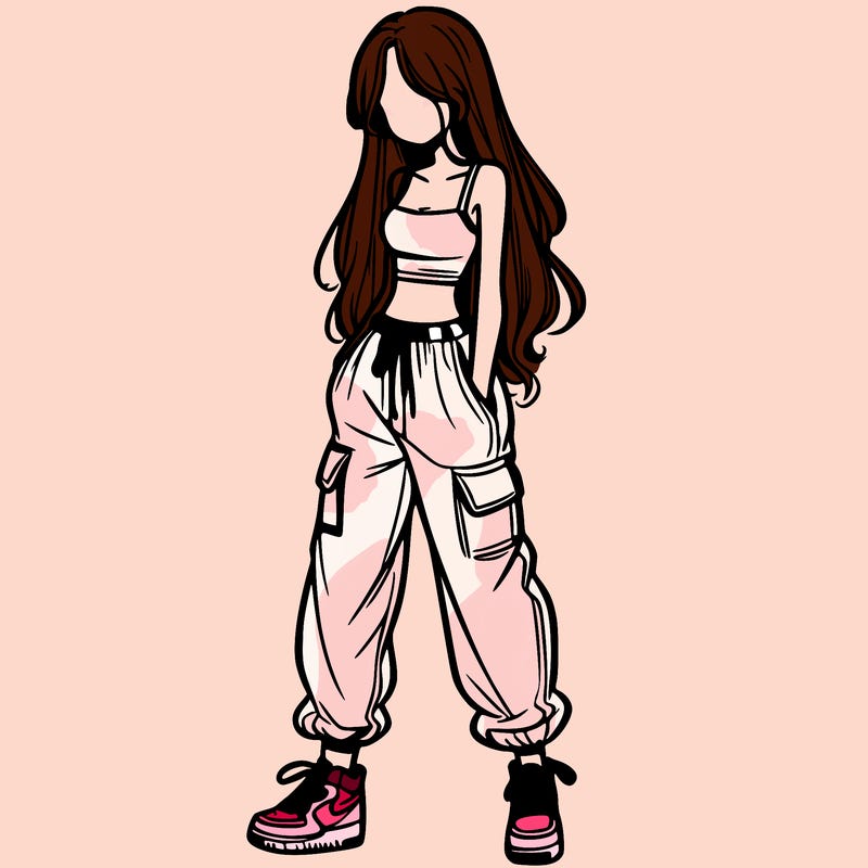 girl in baggy pants crop top and long hair
