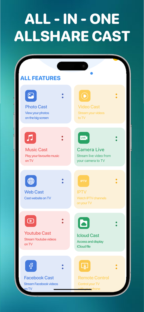 AllShare Cast ㅤ - Interface of the AllShare Cast app showing various casting features for photos videos and social media