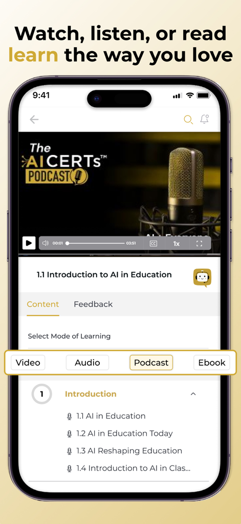 AI CERTs®: AI & Blockchain - Tela do aplicativo AI CERTs mostrando um reprodutor de podcast e vários formatos de aprendizado para IA na educação