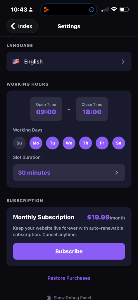 Settings screen of the AI Website Builder app showing language selection working hours configuration and monthly subscription details.
