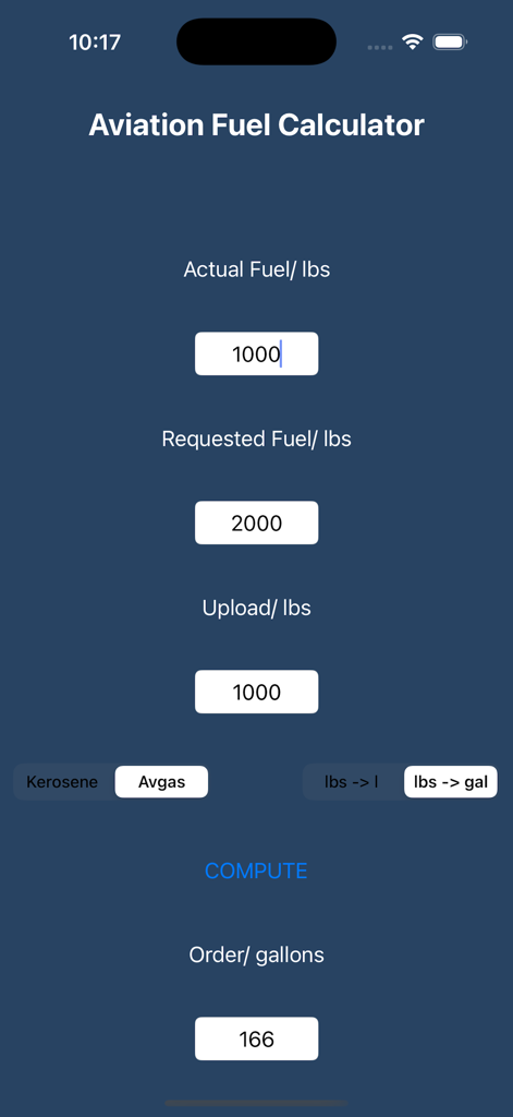 Aviation Fuel Calculator app interface showing fuel uplift calculation for Avgas in pounds and gallons