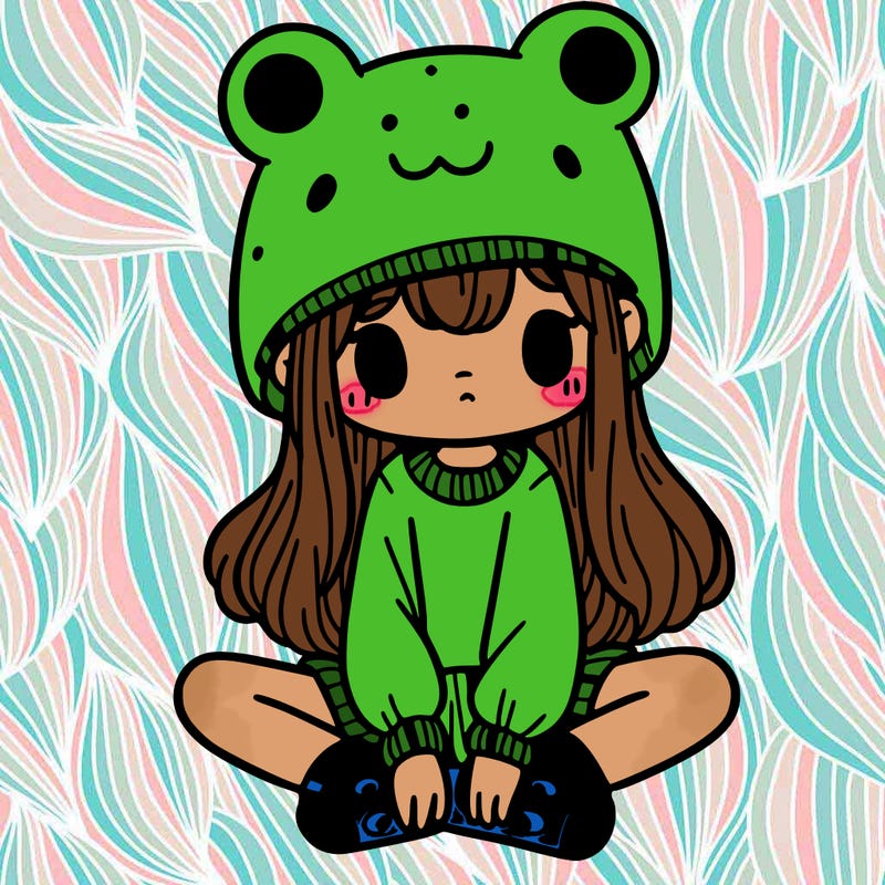 a girl wearing a frog hat and some frog socks