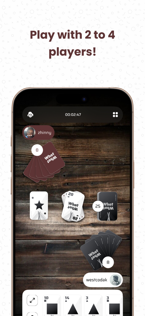 Whotnite - Play Whot Online - A mobile screen showing a Whotnite card game match between two players on a digital wooden table.