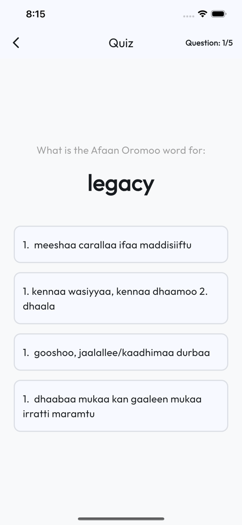 Oromo English Dictionary - A vocabulary quiz screen in the Oromo English Dictionary app asking for the translation of the word legacy