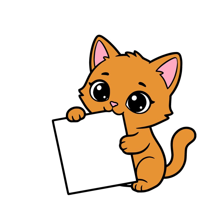 a small cat with a blank sheet of paper in its hand. the cat is sooooooo cute!