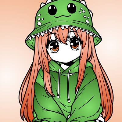 girl with anime shaped eyes with a dinosaur bucket hat oversized sweatshirt long straight hair