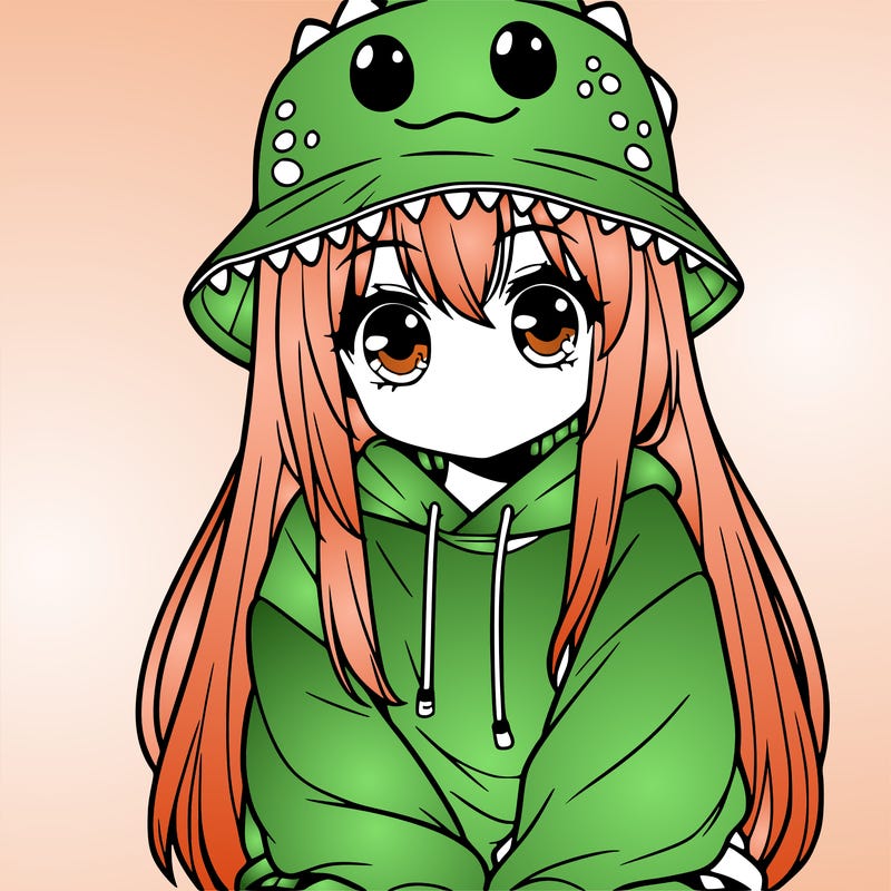 girl with anime shaped eyes with a dinosaur bucket hat oversized sweatshirt long straight hair
