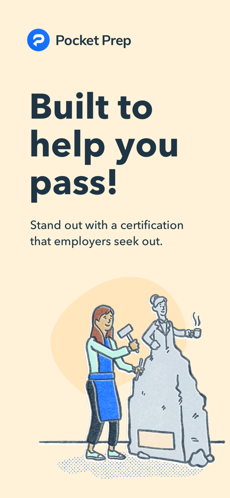 Pocket Prep PMP 2026 - Pocket Prep intro screen with text built to help you pass and a professional career illustration