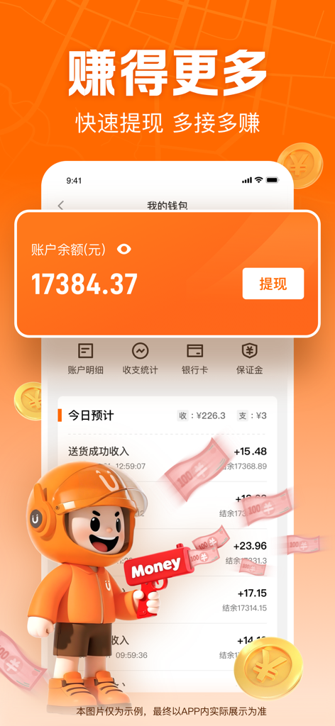 UU跑腿跑男端-骑手众包配送平台 - UU Errands Kurier-App-Geldbörsen-Bildschirm, der Guthaben und tägliche Einnahmen mit einem Maskottchen anzeigt