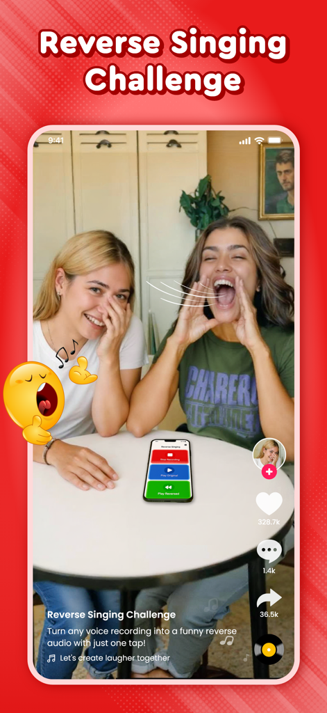 Two young women laughing and recording a funny reverse singing challenge on a smartphone