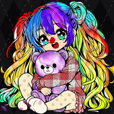 manga girl, long curly hair, happy, cuddling a teddy bear