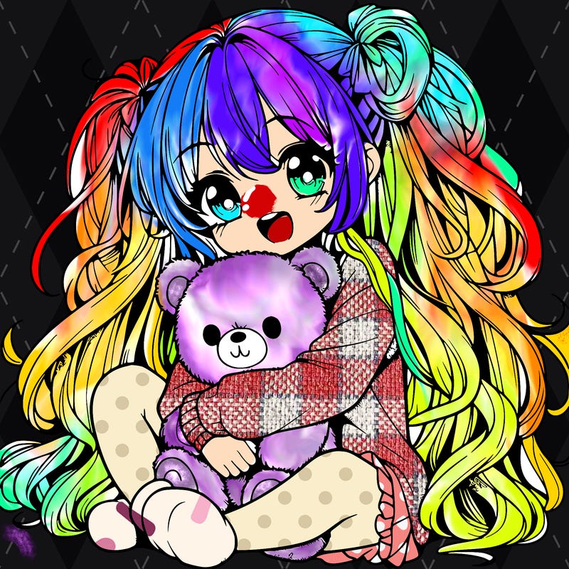 manga girl, long curly hair, happy, cuddling a teddy bear