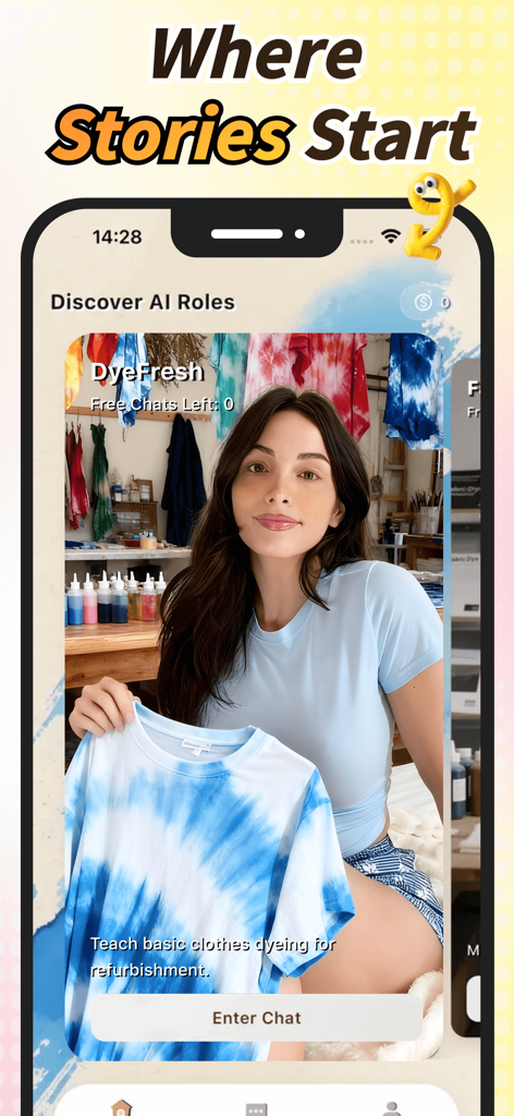 Rocy - Moment & Wonderful - 衣類のリフォームとアップサイクルのためのDyeFresh AIアシスタントを示すRocyモバイルアプリのインターフェース