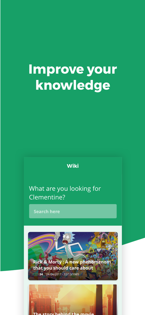 PLAM! Play And Learn - Interfaz de la aplicación PLAM Play and Learn que muestra una barra de búsqueda de wiki y artículos educativos.