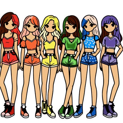 a group of girls wearing crop tops and shorts