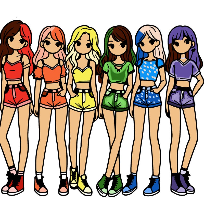 a group of girls wearing crop tops and shorts