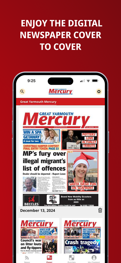 Great Yarmouth Mercury - The Great Yarmouth Mercury app displaying a digital newspaper cover on a smartphone screen