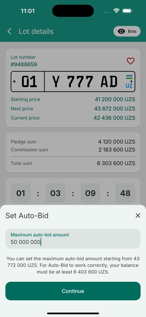 Avtoraqam - Interfaz de la aplicación Avtoraqam mostrando una configuración de puja automática para una subasta de matrículas premium