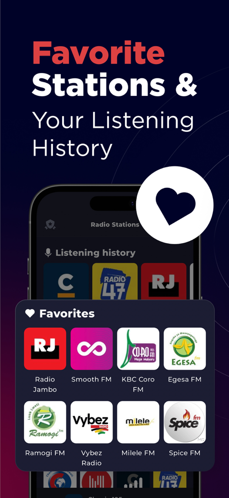 Radio Kenya FM AM Online Live - Tela móvel do aplicativo Rádio Quênia mostrando a lista de estações favoritas e o histórico de audição