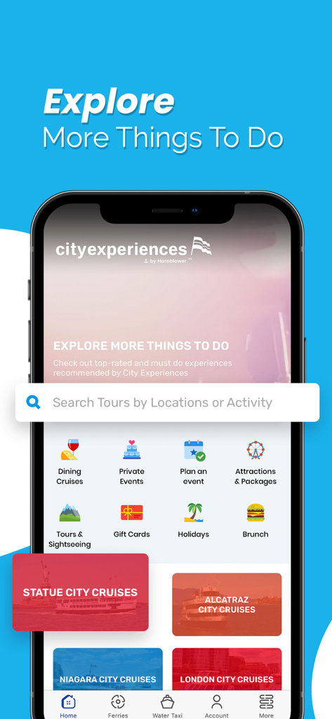 City Experiences - City Experiences mobile app interface showing cruise and tour categories with a search bar and popular destinations