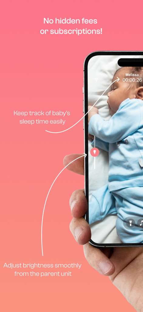 Babivo: Baby Monitoring - Babivo baby monitor app showing a sleeping baby with sleep tracking and brightness controls on a smartphone