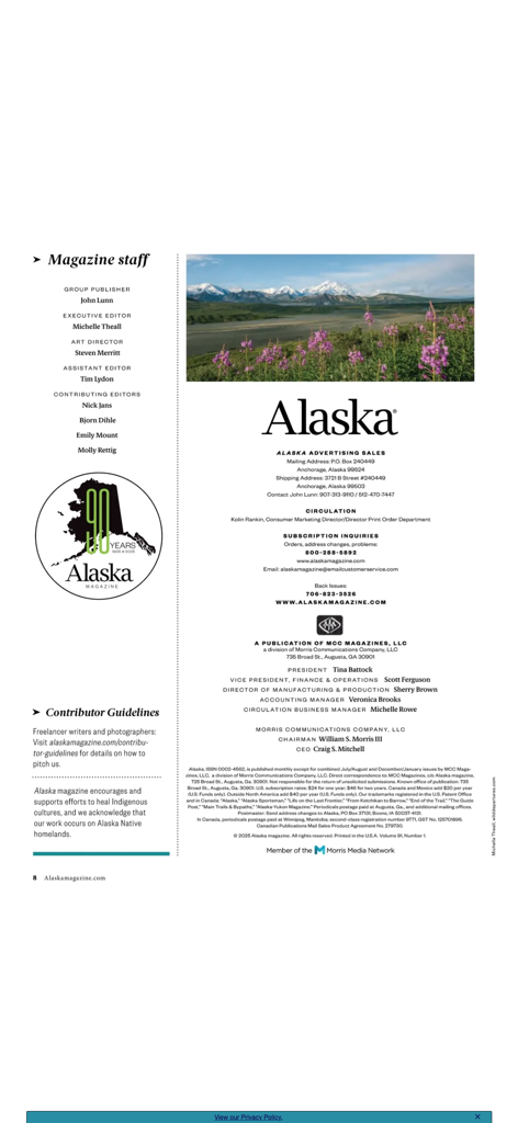 Alaska Magazine - Página de créditos de la aplicación Alaska Magazine con lista del personal y foto de un paisaje montañoso