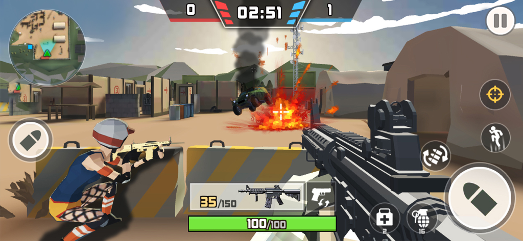 Battle Island:Pixel PvP FPS - First person view of a pixelated FPS combat scene with an explosion and characters