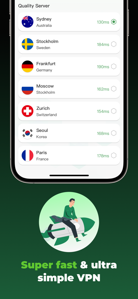 Interfaccia dell'app PaperFly VPN che mostra un elenco di posizioni di server globali e tempi di latenza.