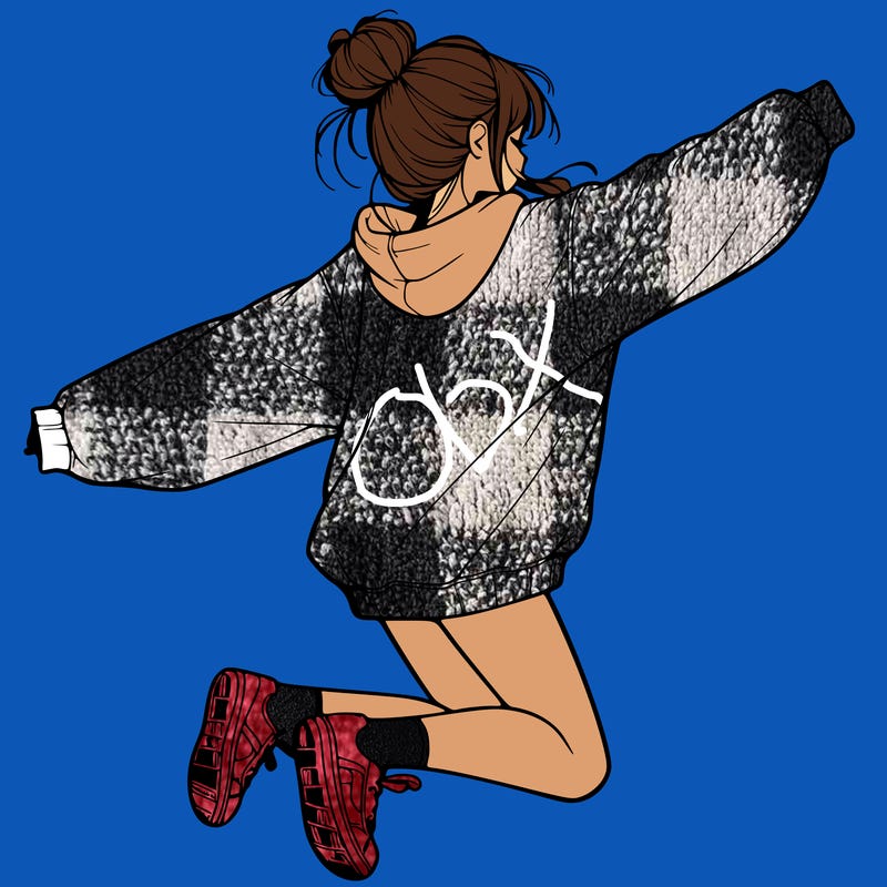 realistic girl jumping with a bun and oversized sweatshirt