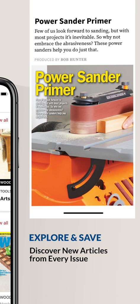 Mobile app view of a Wood Magazine article titled Power Sander Primer showing a workshop tool in use
