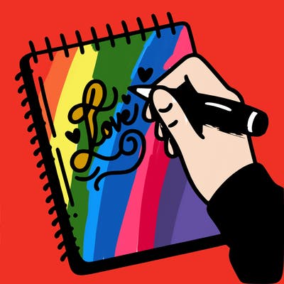 a hand writing “love” in calligraphy on a notebook